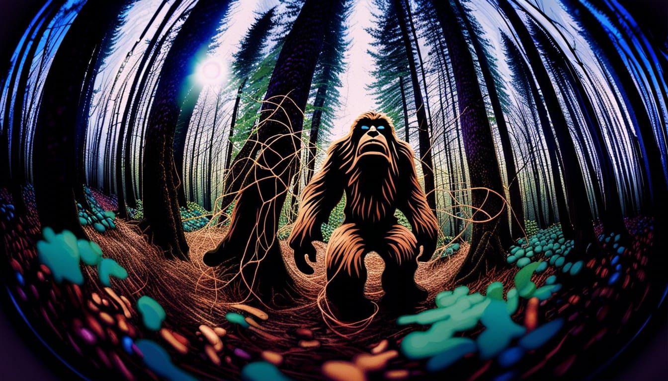 Eldritch Sasquatch Encounter in Psychedelic Forest