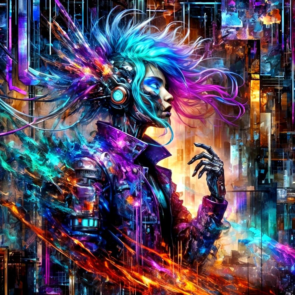 Cyberpunk Goddess in a Kaleidoscope of Color and Decay