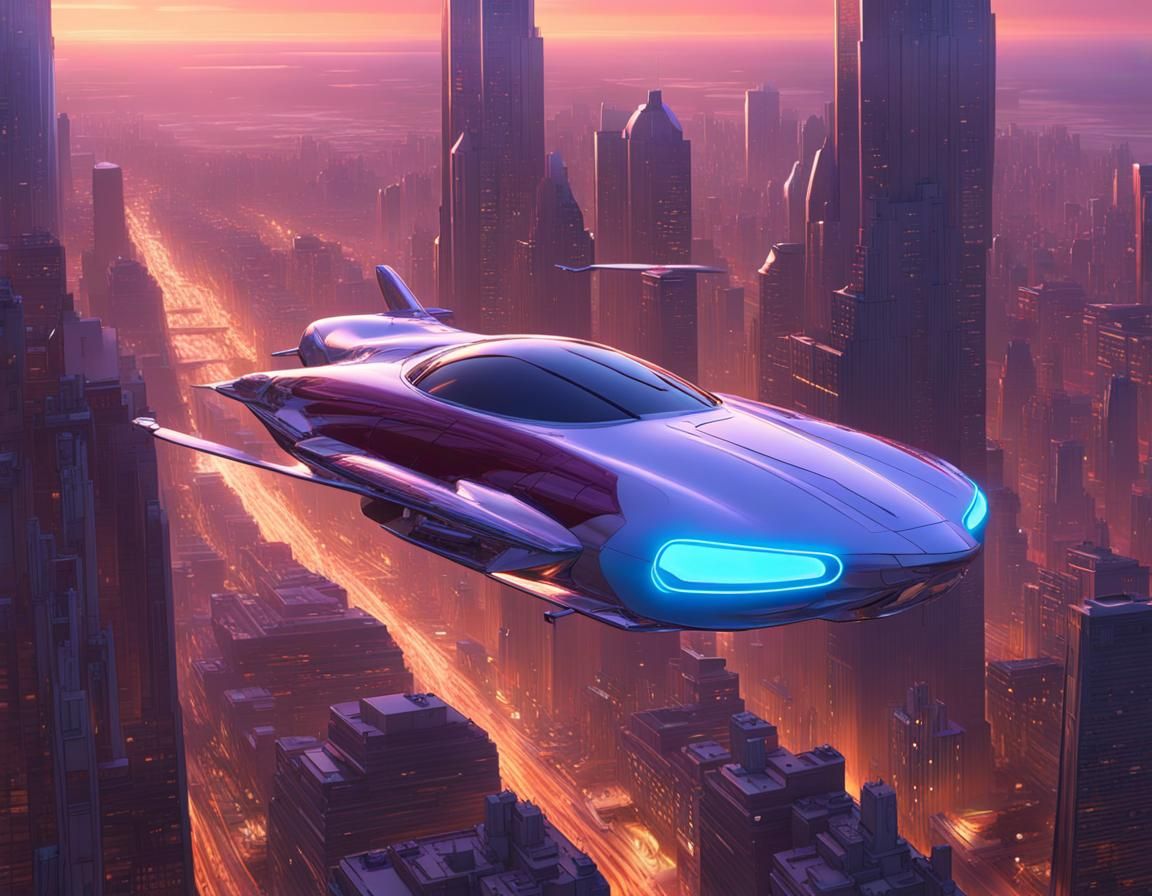 Utopian Cityscape with Flying Cars in Comic Style
