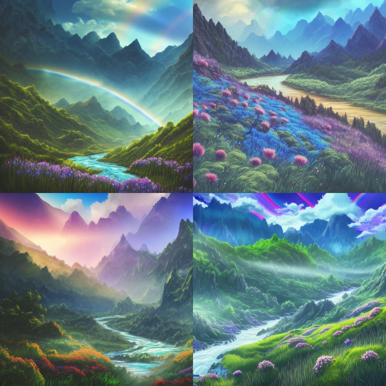 Fantasy Valley with Blue Flowers and Rainbow Sky