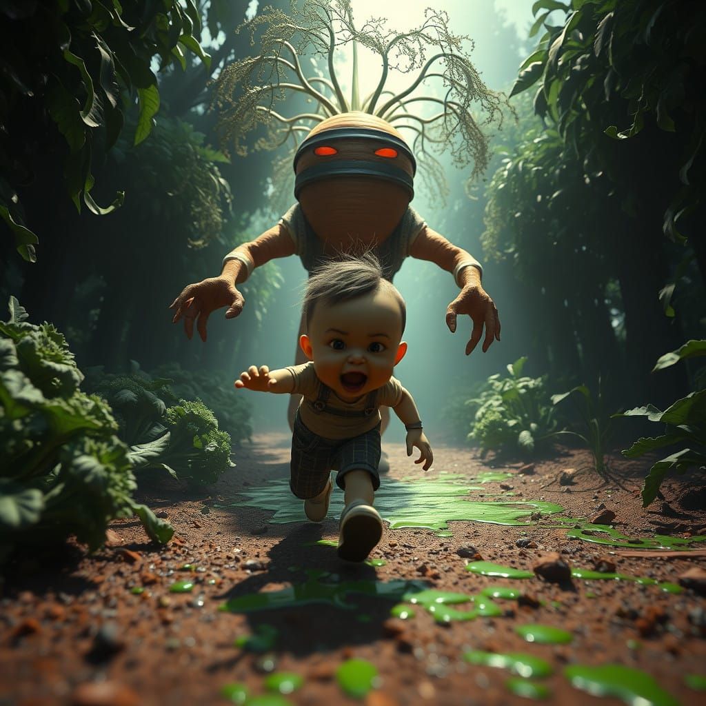 Chilling Fantasy Scene: Carrot Chases Screaming Broccoli Chi...