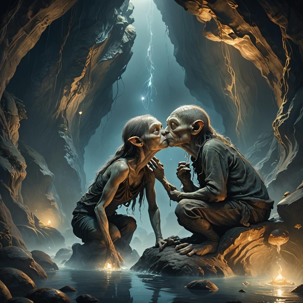 Gollum Couple Kissing in a Moonlit Cave