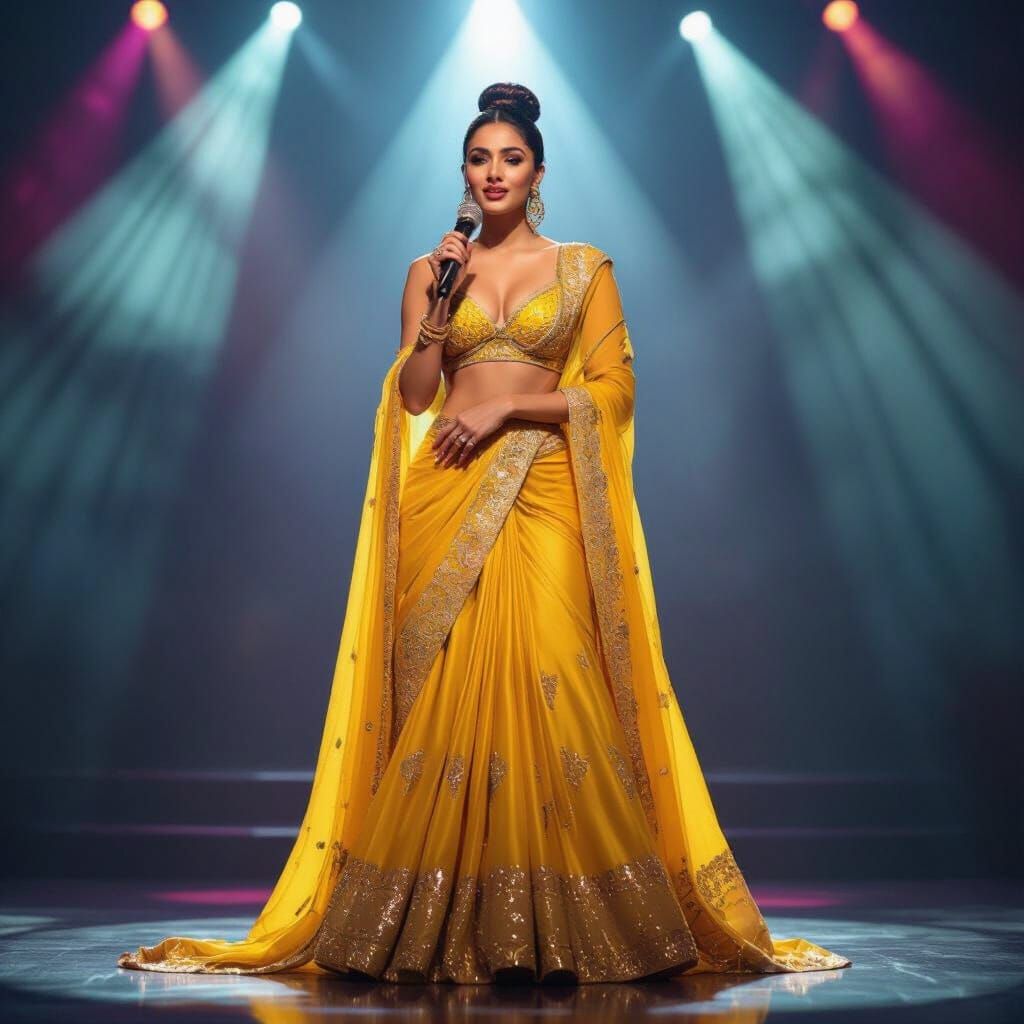 Glamorous Indian Woman Singing on Stage in Yellow Outfit