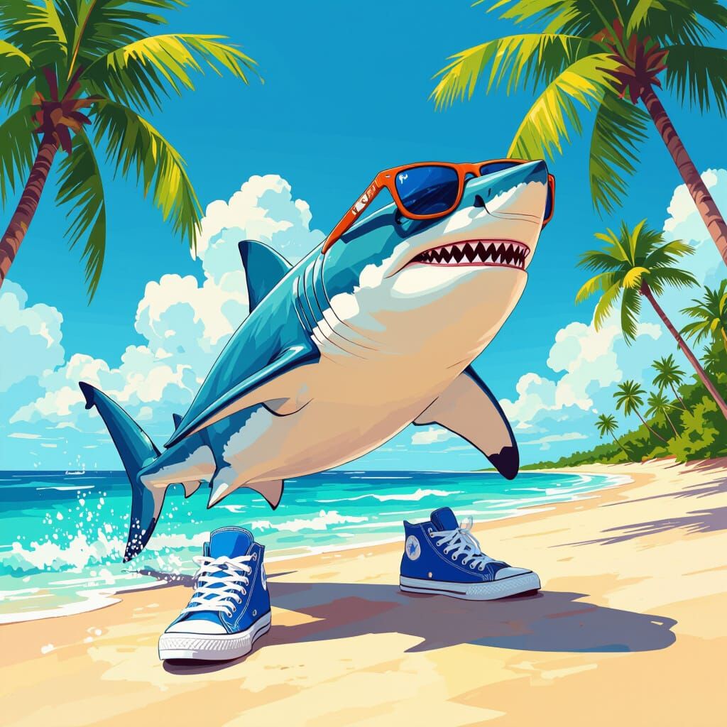Shark on Beach with Sunglasses in Digital Painting Style