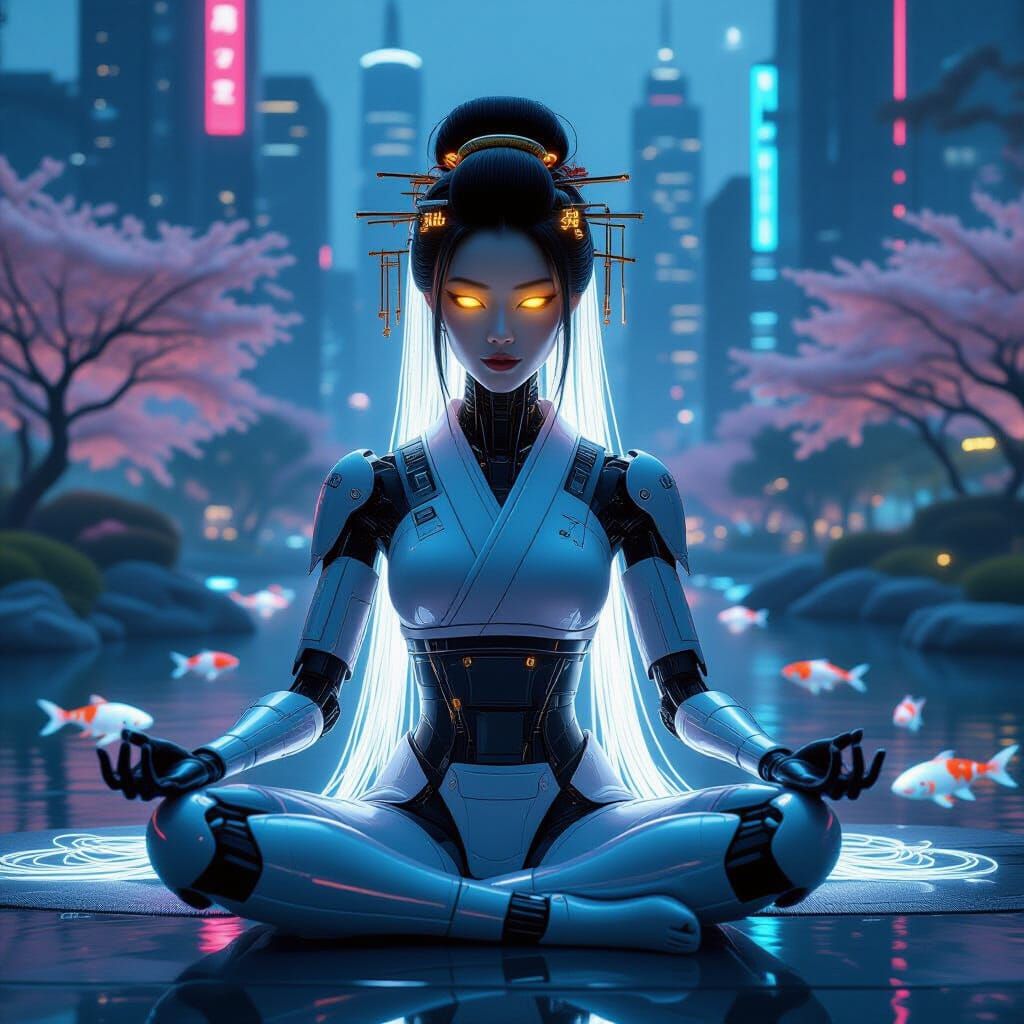 Cyber Geisha Meditates in Futuristic City Park
