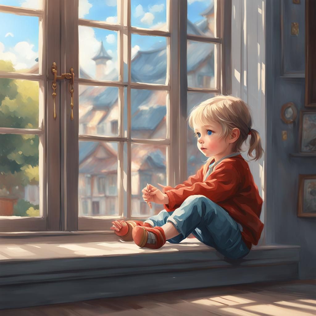 Beautiful Anime Toddler Girl by Window in 8k