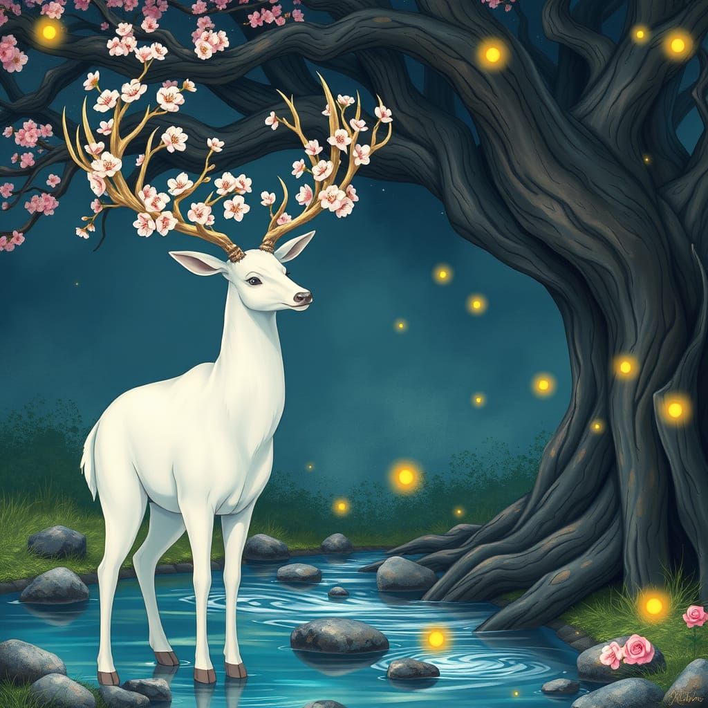 Majestic White Stag with Cherry Blossoms, Ghibli Style
