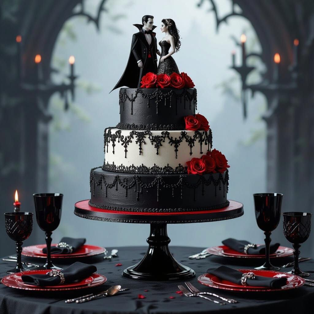 Gothic Vampire Wedding Cake with Dark Red Accents