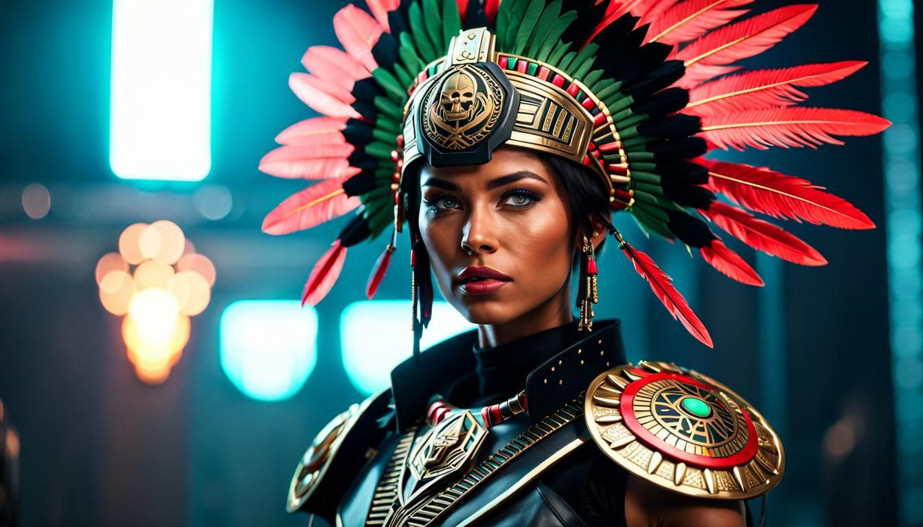 Aztec Woman in Cyberpunk Power Armor, Hyperrealistic 3D