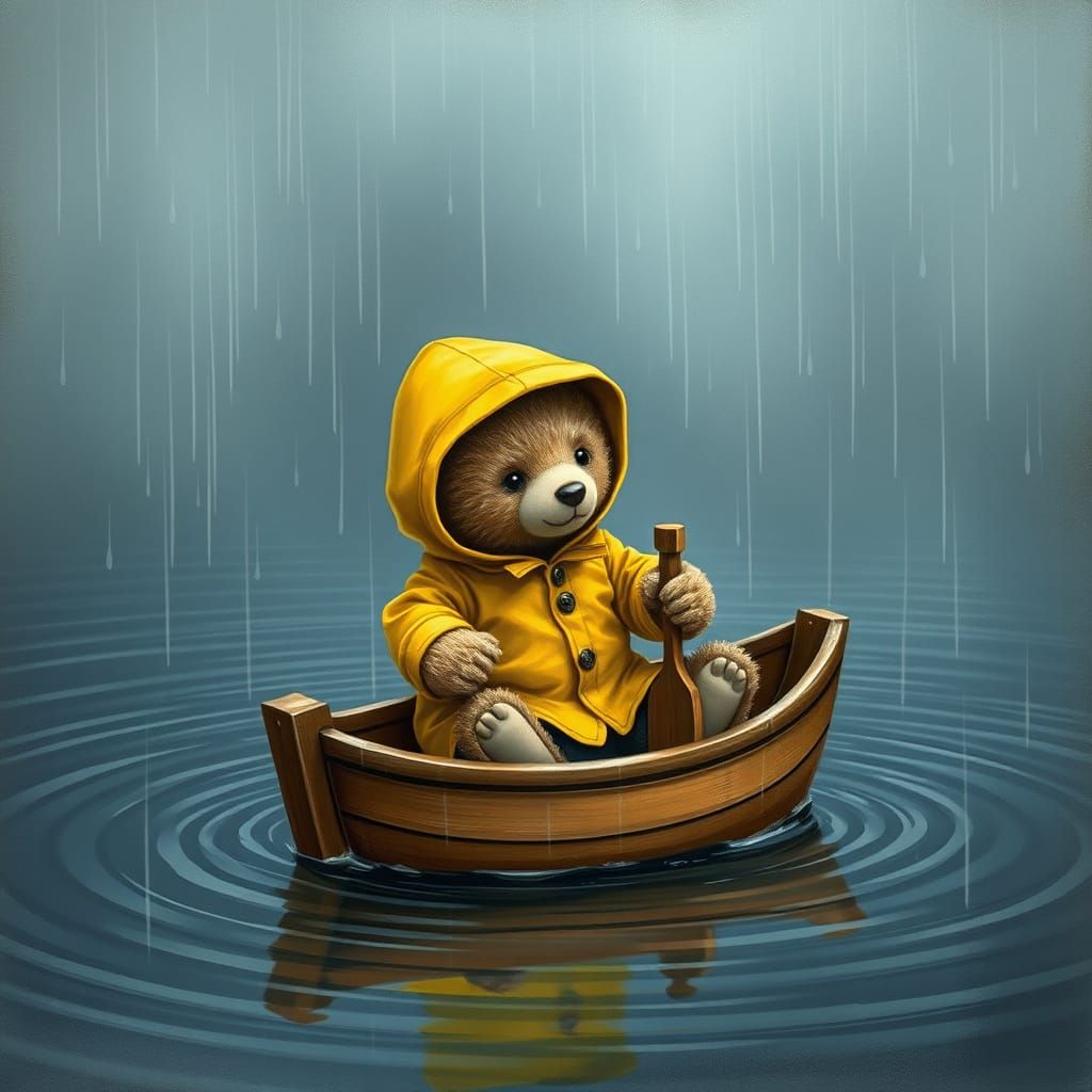 Whimsical Teddy Bear Adrift in Misty Grey-Blue Atmosphere