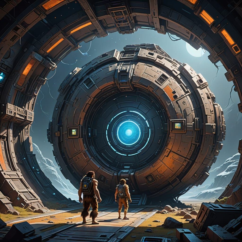 Oil painting. A caveman stumbles upon a portal to a futurist...