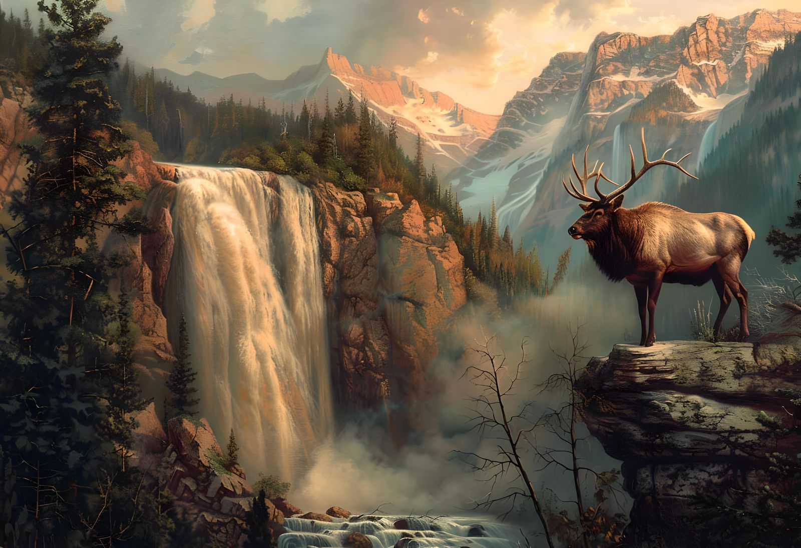 Majestic Bull Elk at Sunset Waterfall: Vintage Impasto
