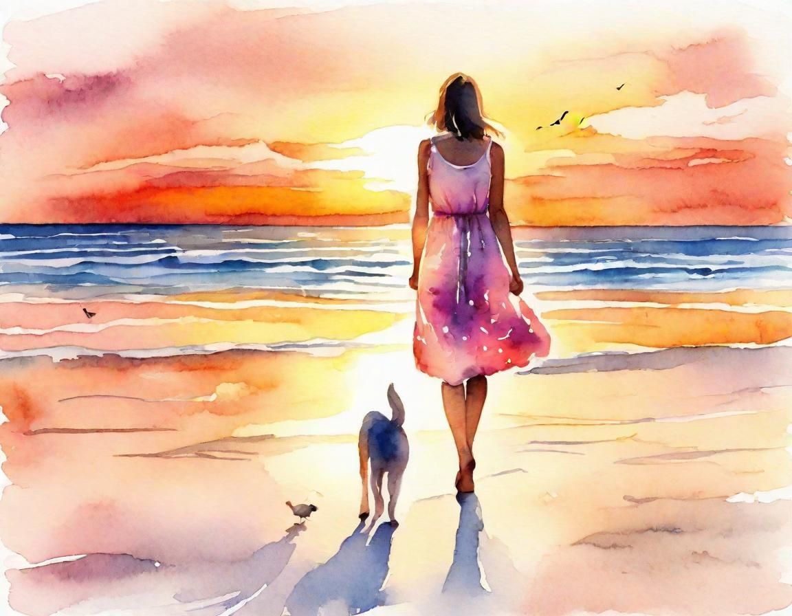 Sunset Beach Watercolor Illustration with Woman and Dog