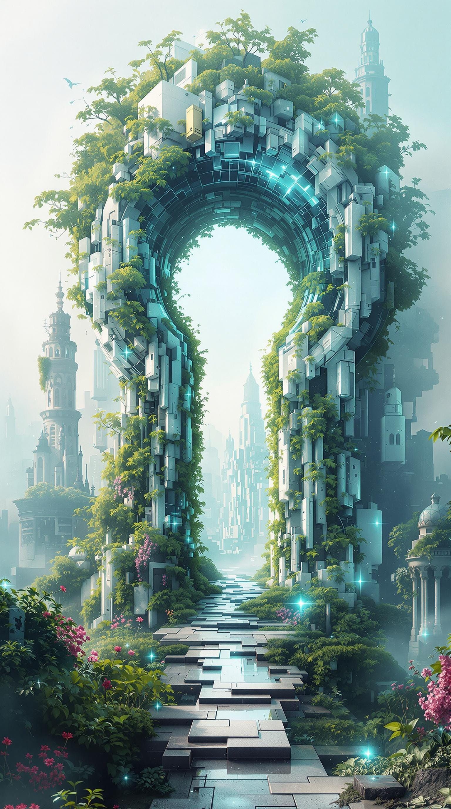 Ancient Gateway Meets Shifting Metropolis in Surreal Digital...