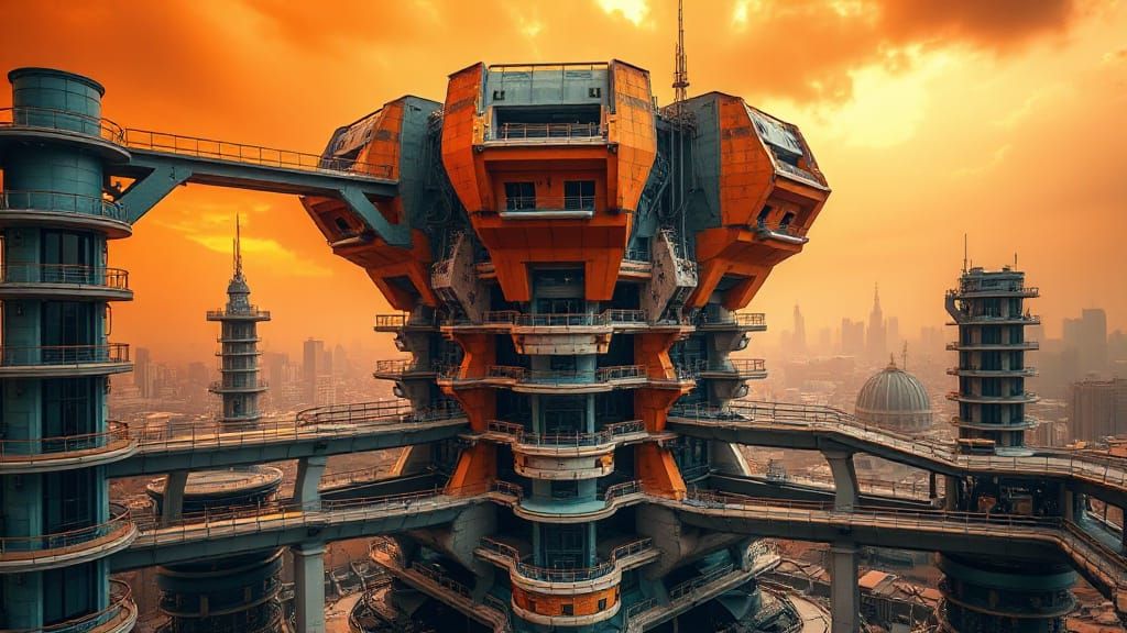 Epic Cyberpunk Cityscape in Stormy Orange Skies