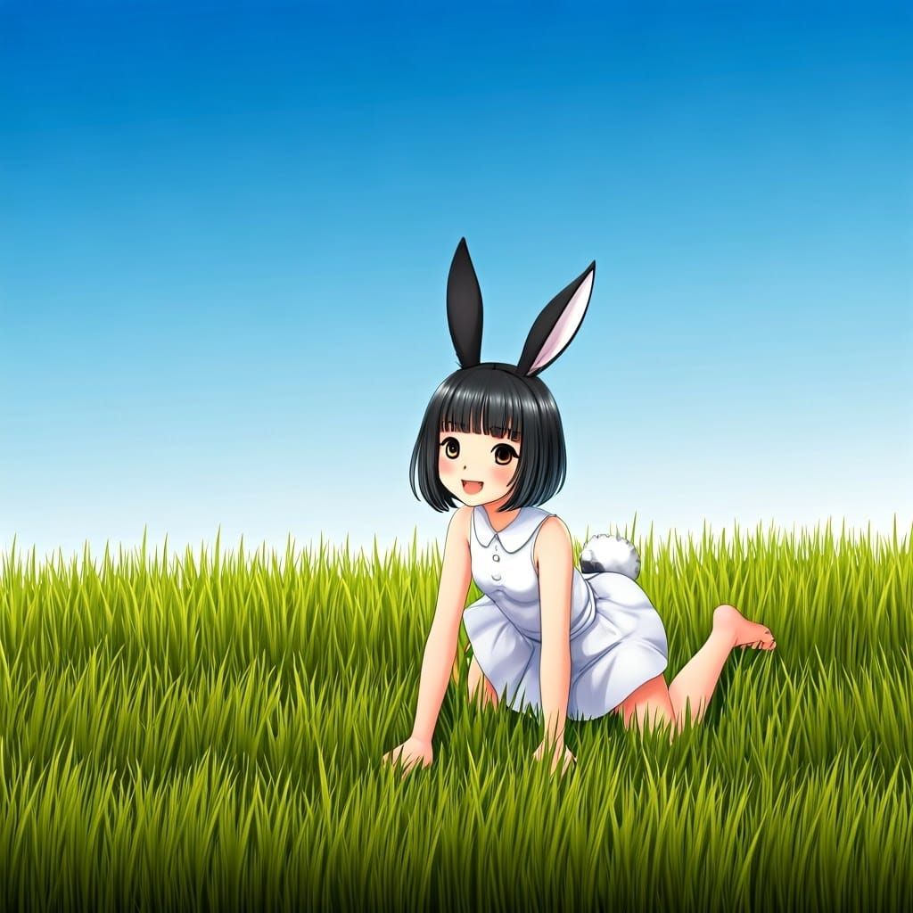 Adorable Rabbit Girl on Grass Under Blue Sky
