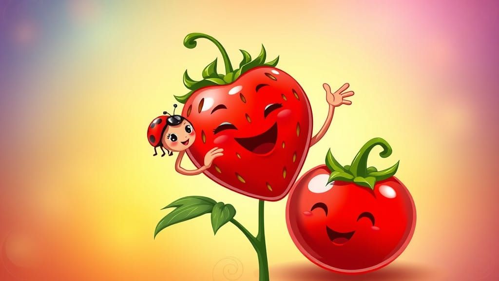 Vibrant Whimsical Illustration of Red Fruits in a Fantastica...