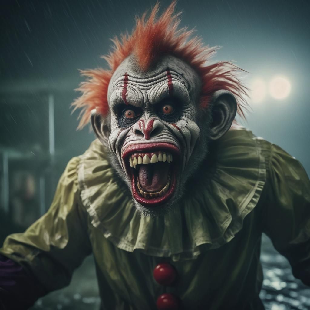 Zombie Monkey Clown in Hurricane: Cinematic Film Still
