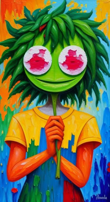 Cute Cartoon Florian with Plant in Neo-Impressionist Style