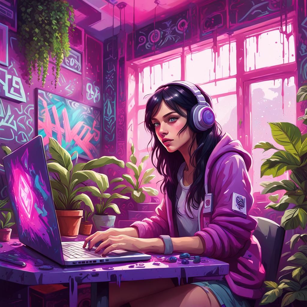 Gamer Girl in Magical Pink and Purple Room