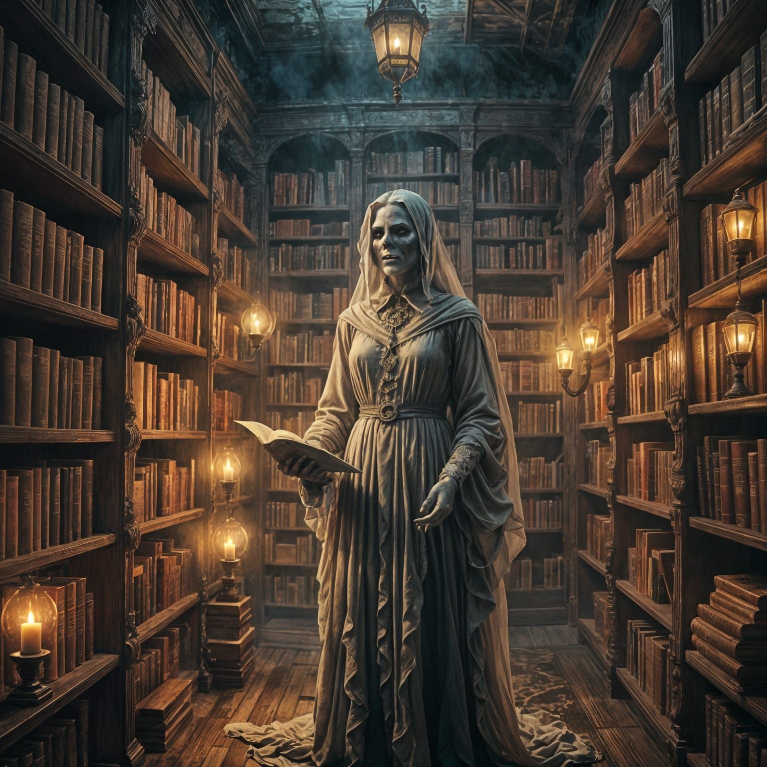 Haunted Library with Ghost Librarian in Matte Painting