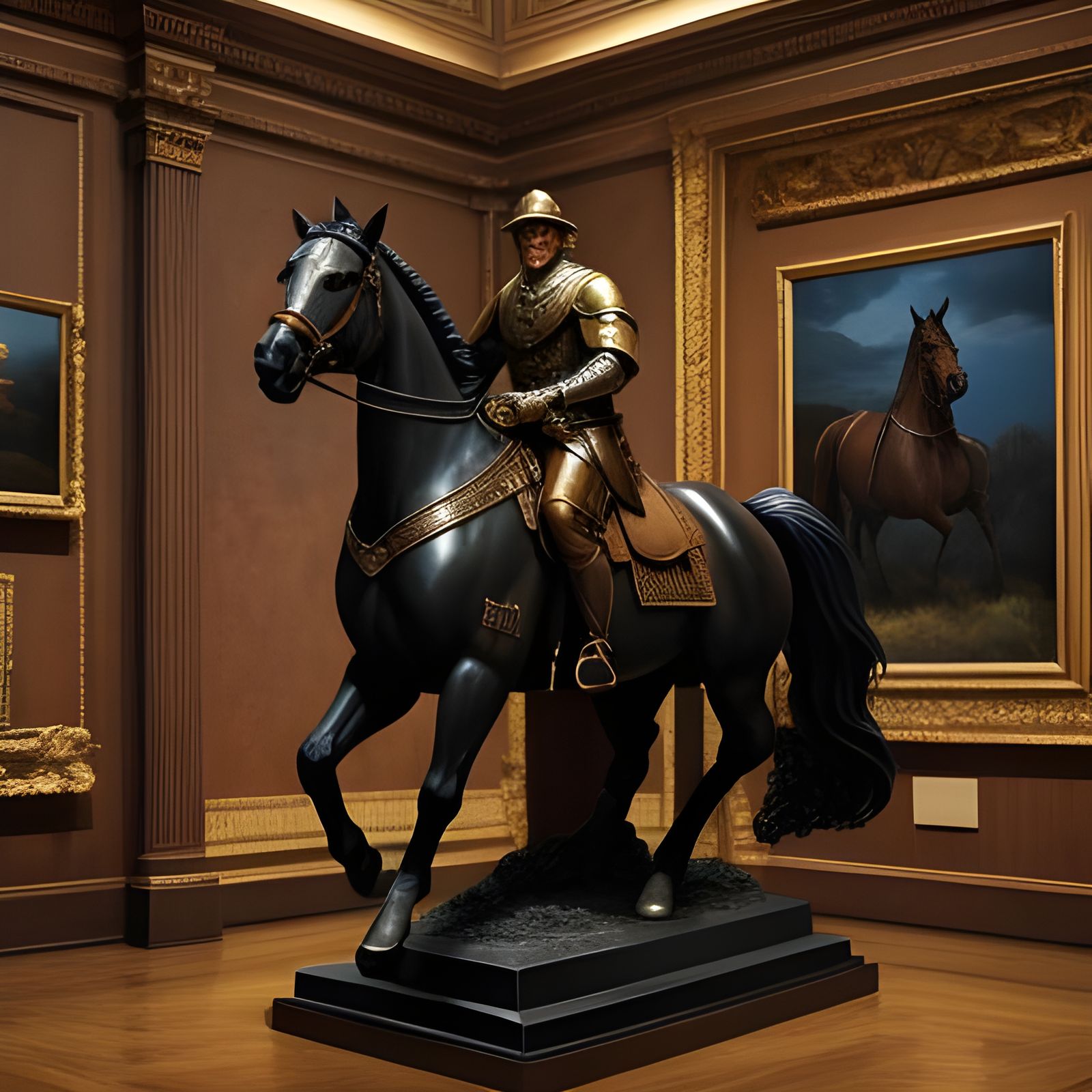 Polished Black Marble Sculpture of Horse and Rider in Evenin...