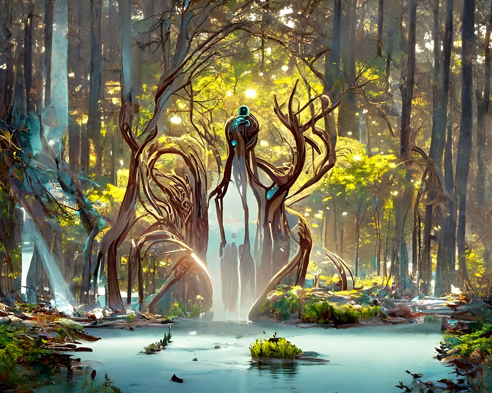 Humanoid Ent Integrated in Peaceful Forest Landscape