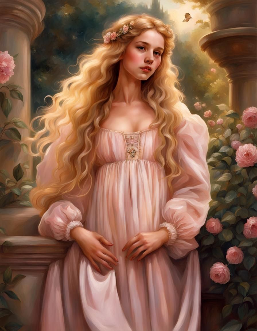 Renaissance Girl with Golden Hair in Garden