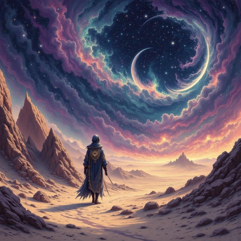 Automaton in Star-Dusted Desert, Ethereal Dreamscape