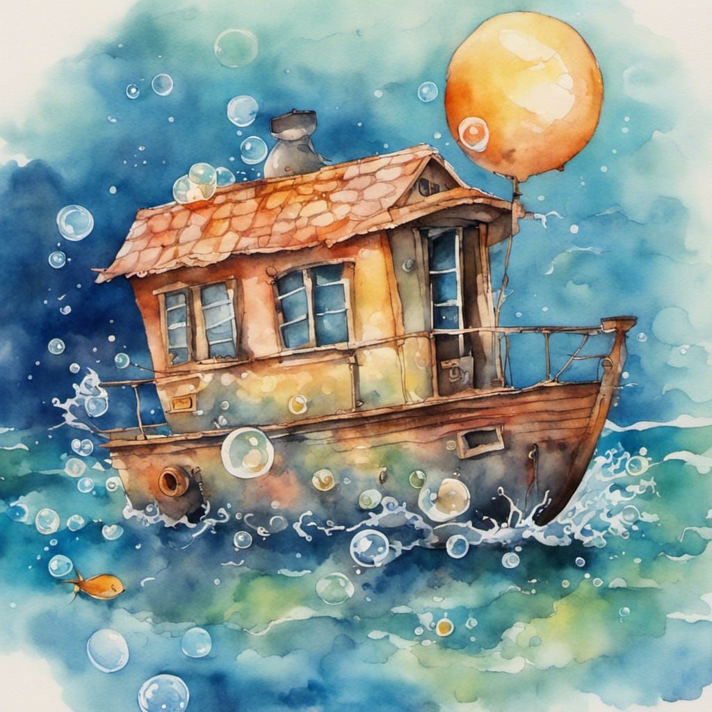 Adorable Houseboat in Ocean as Watercolor Painting