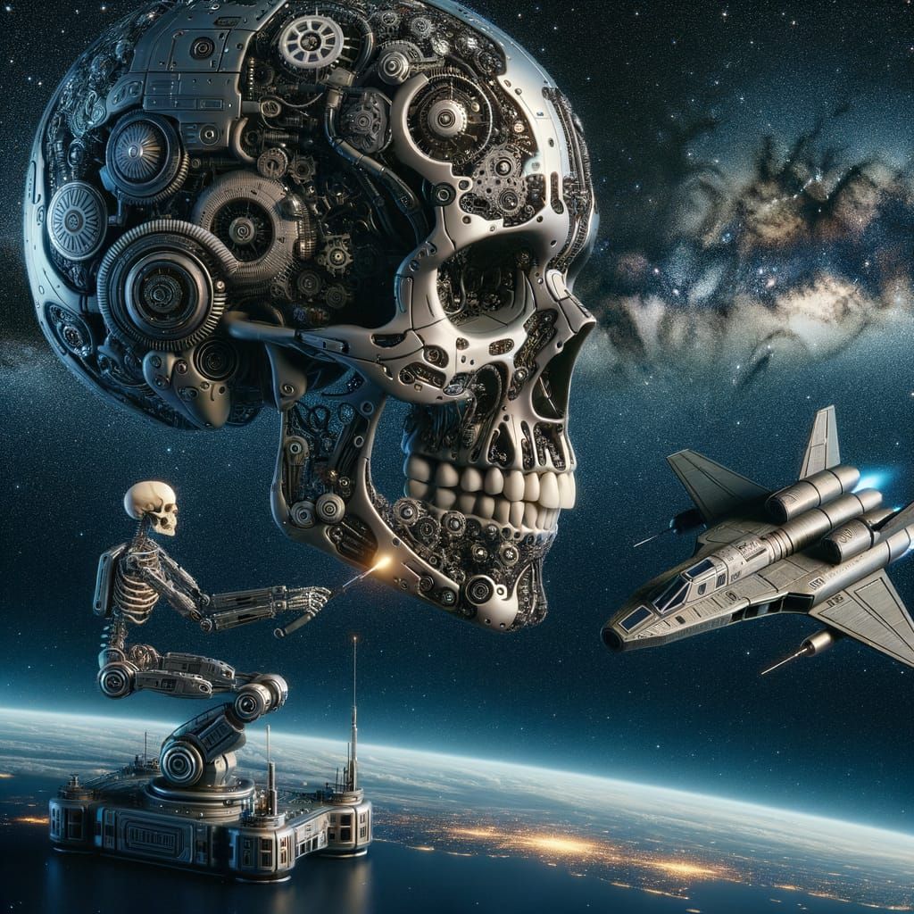 Mechanical Skull Repairs Futuristic Spaceship in Outer Space