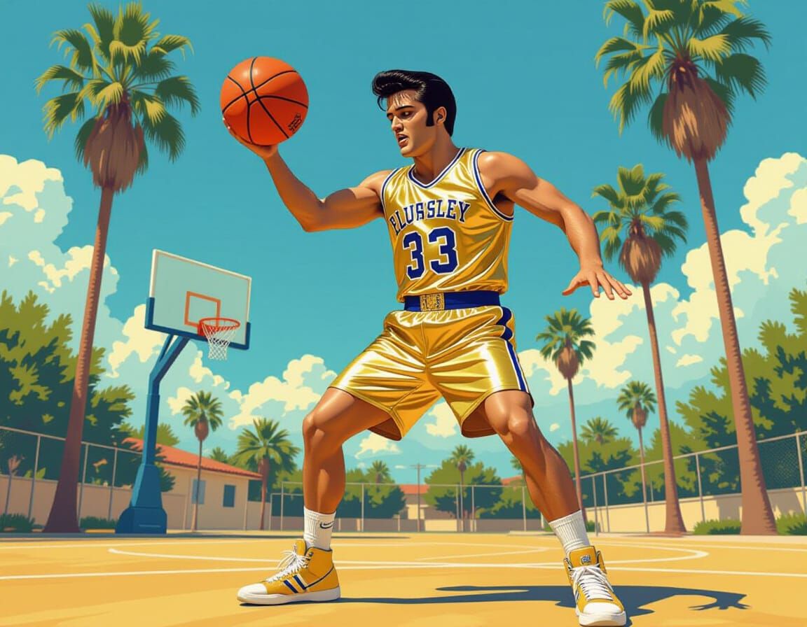 Elvis Presley Plays Basketball, Dynamic Digital Illustration