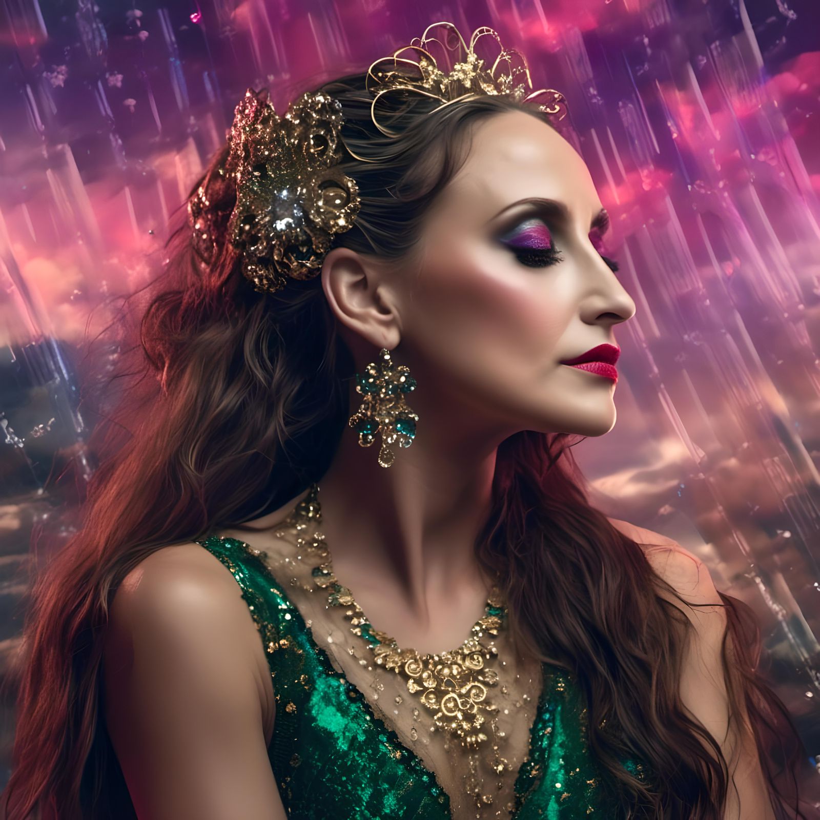 Beautiful Woman with Emerald Eyes in Crimson Lace