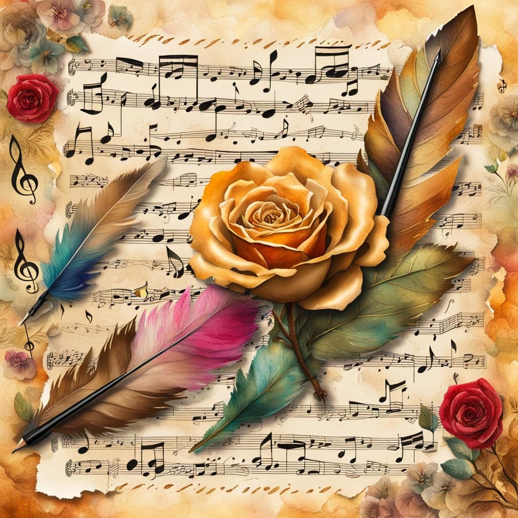 Whimsical Mixed Media Collage of Quill, Rose and Music