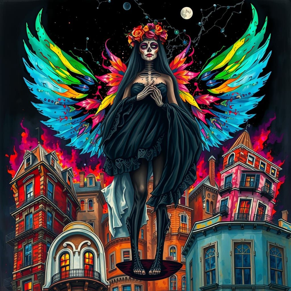 Ethereal Catrina in Abstract Cityscape Painting