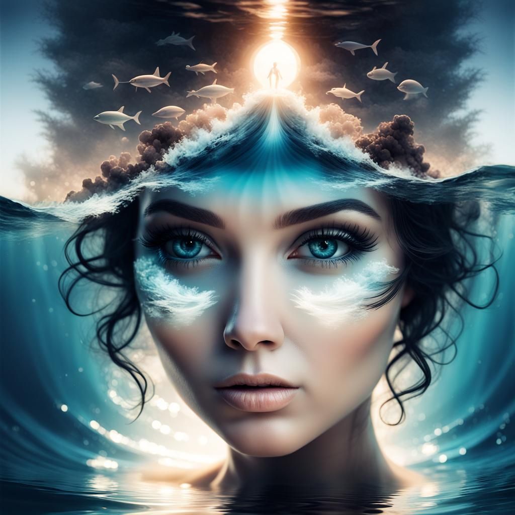 Double exposure of a fantasy magical ocean in the silhouette of a beautiful face,