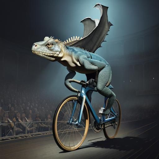 Iguana Bicycle in Crowded Theatre, Surreal Watercolor