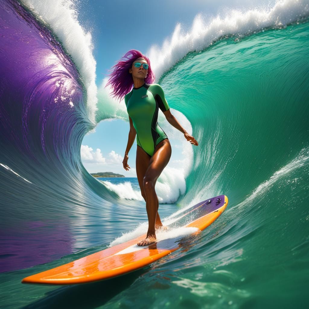 Surfing Girl Rides Ocean Tunnel in Solarpunk Style