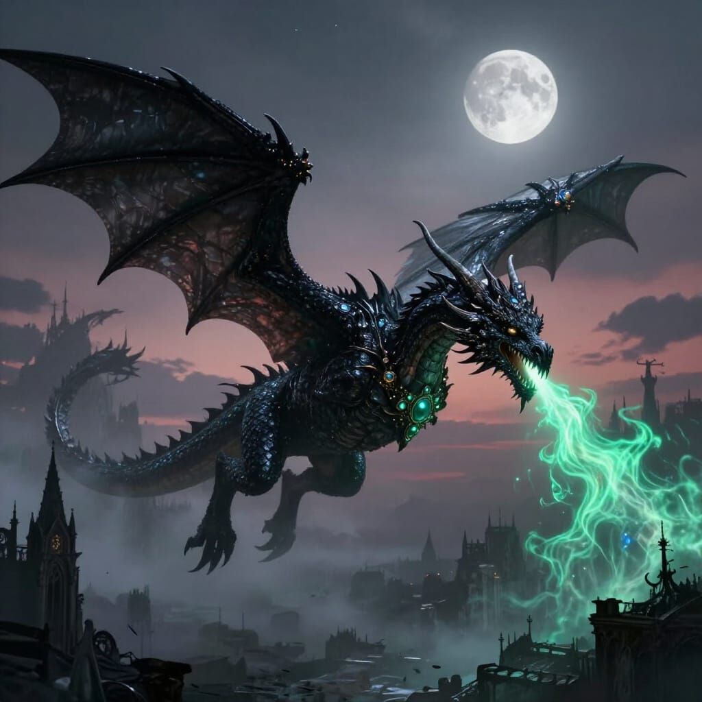 Obsidian Dragon Soars Over Gothic Cityscape