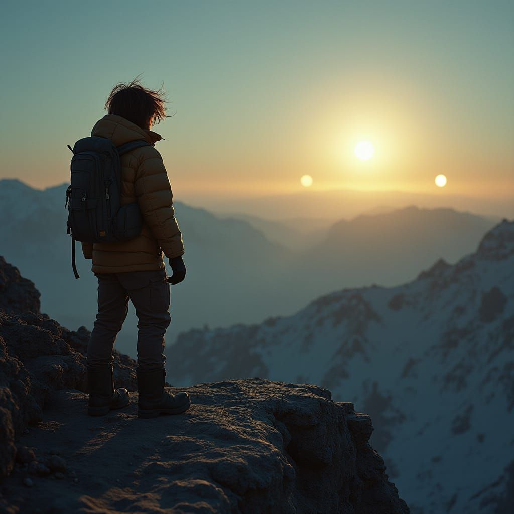 Alien Landscape with Twin Suns in Dramatic Lighting