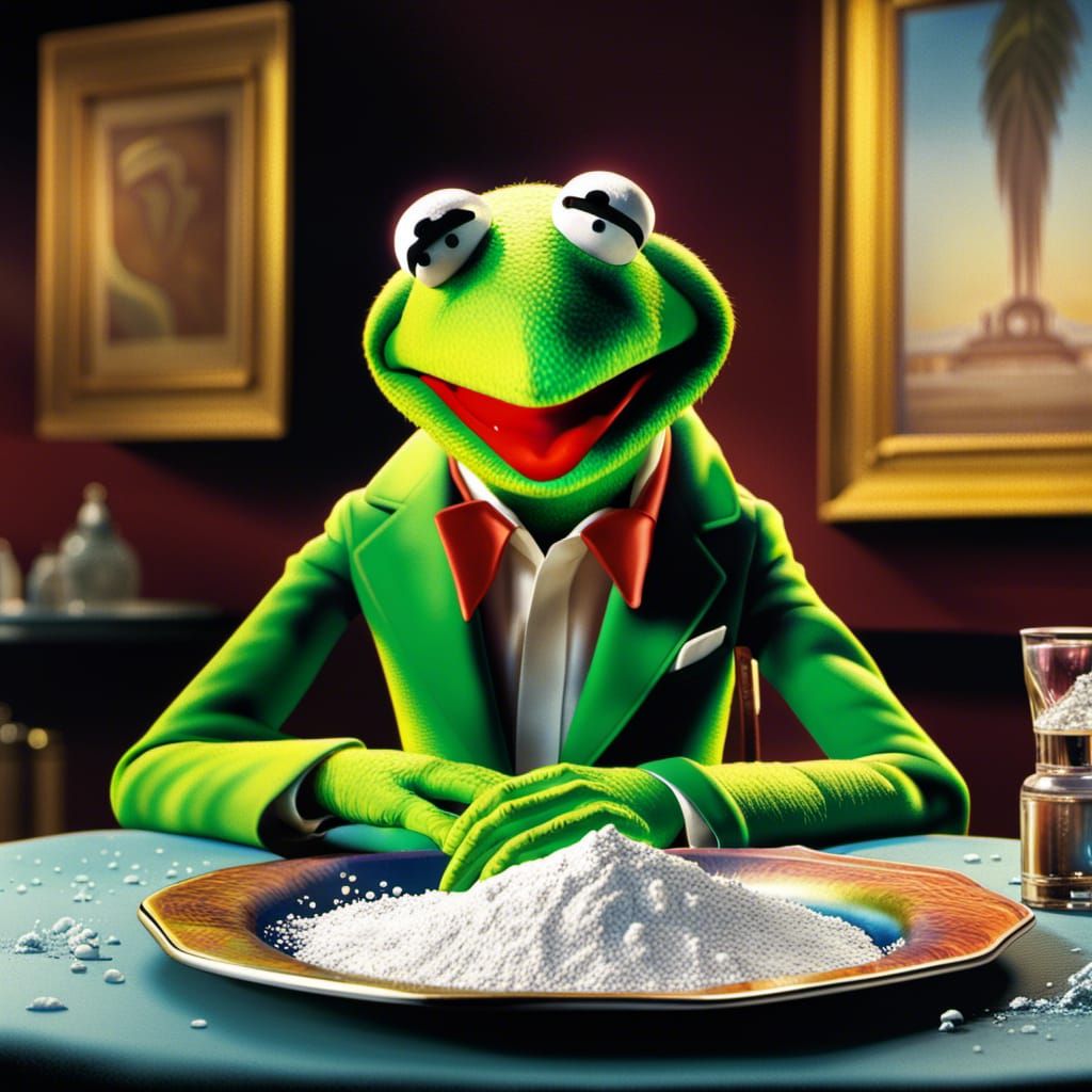 Kermit as Tony Montana: Hyperrealistic Splash Art