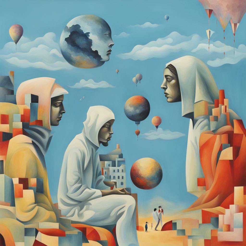 Surrealist Scene of Figures in Odd World