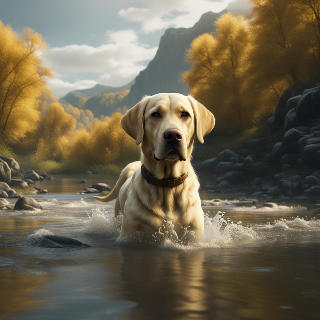 Yellow Labrador in River: Detailed Fantasy Art
