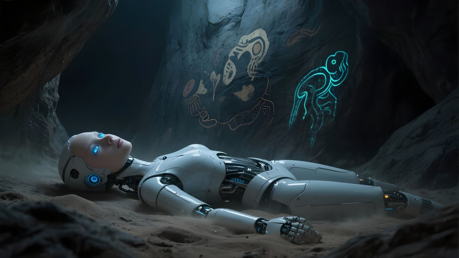 Futuristic Android Unearthed in Bioluminescent Cave