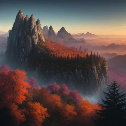 Epic Sunset Behind Forest Mountains: Fantasy Concept Art