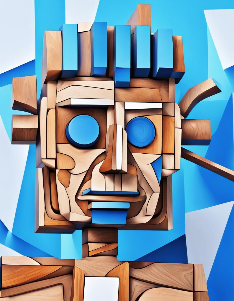 Cyborg Robot Man: Cubist Wooden Art Deco Sculpture
