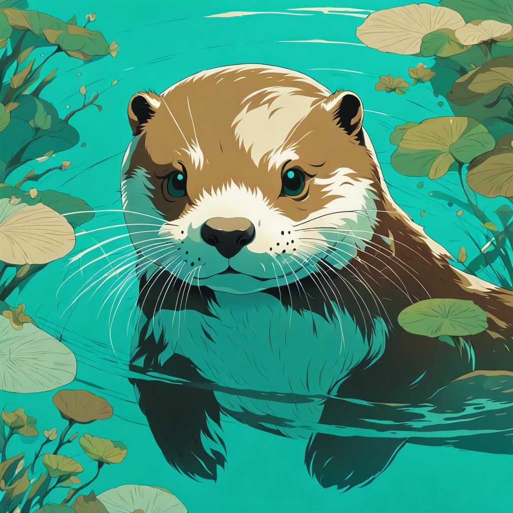 Happy Otter in Pool: Vibrant Anime-Style Drawing