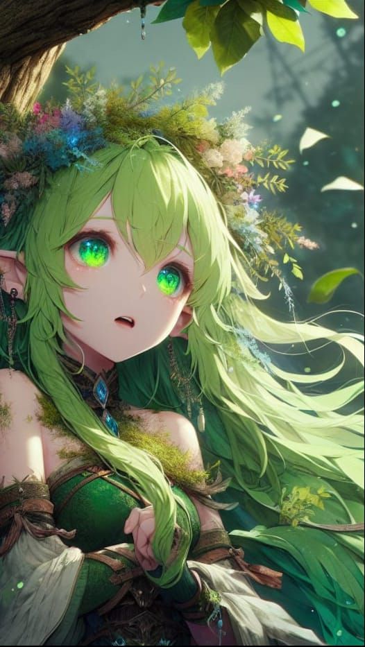 Anime Druid Girl and Forest Dragon Friendship