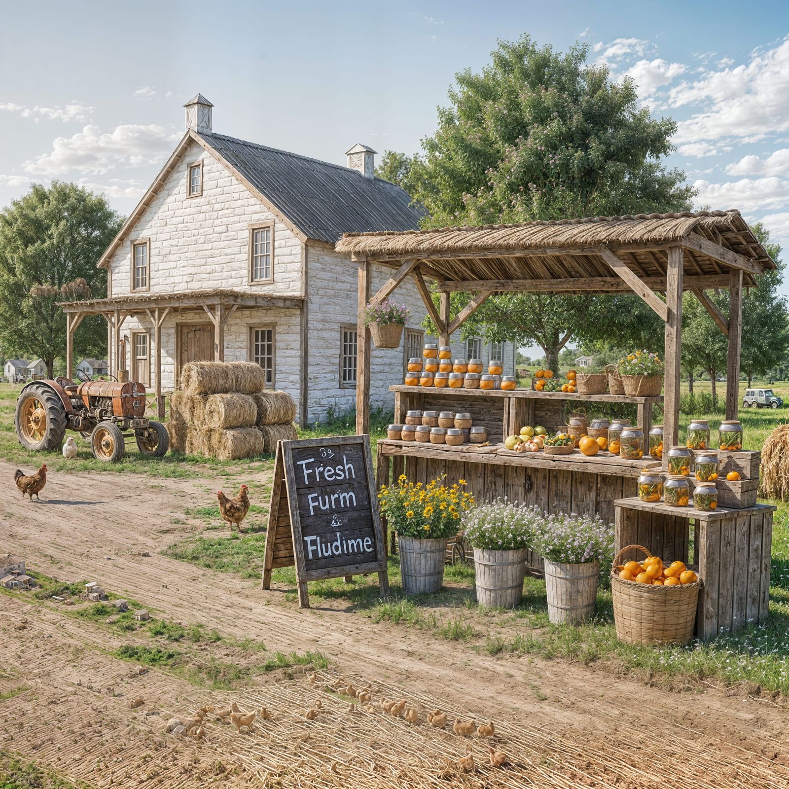 A white washed  farm house with hay bales in the countryside...