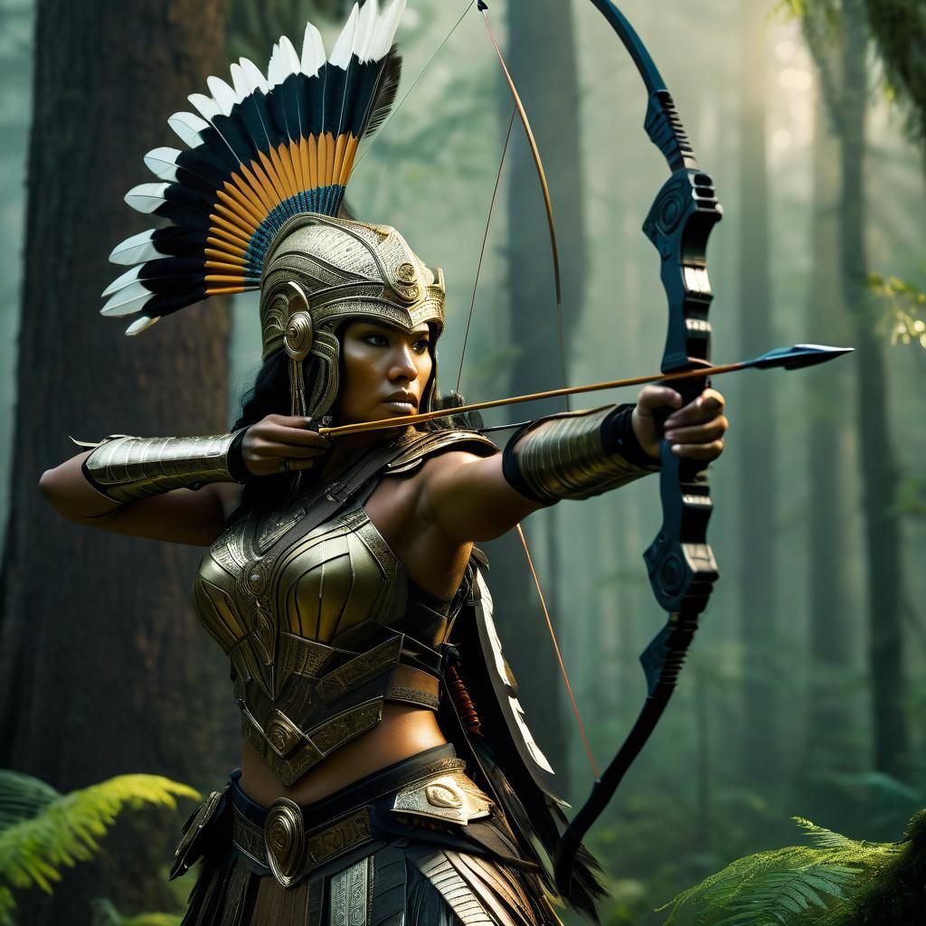 Indigenous Warrior with Alien Bow in Bronzepunk Style